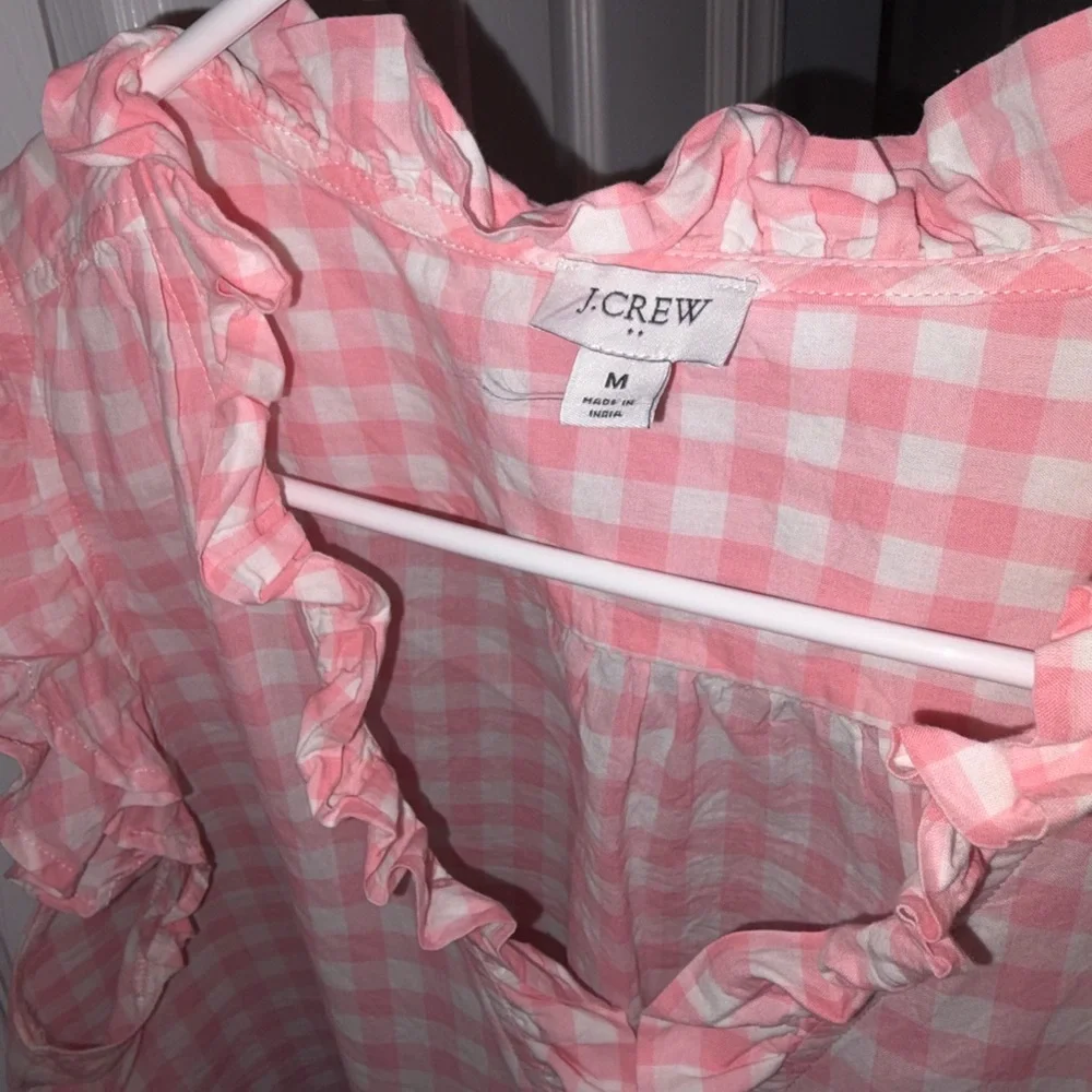 J. Crew Pink Gingham Ruffle V-Neck Sleeveless Blouse